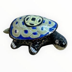 Vintage Turtle Trinket Jewelry Box Handpainted Glazed Ceramic Blue Black Green